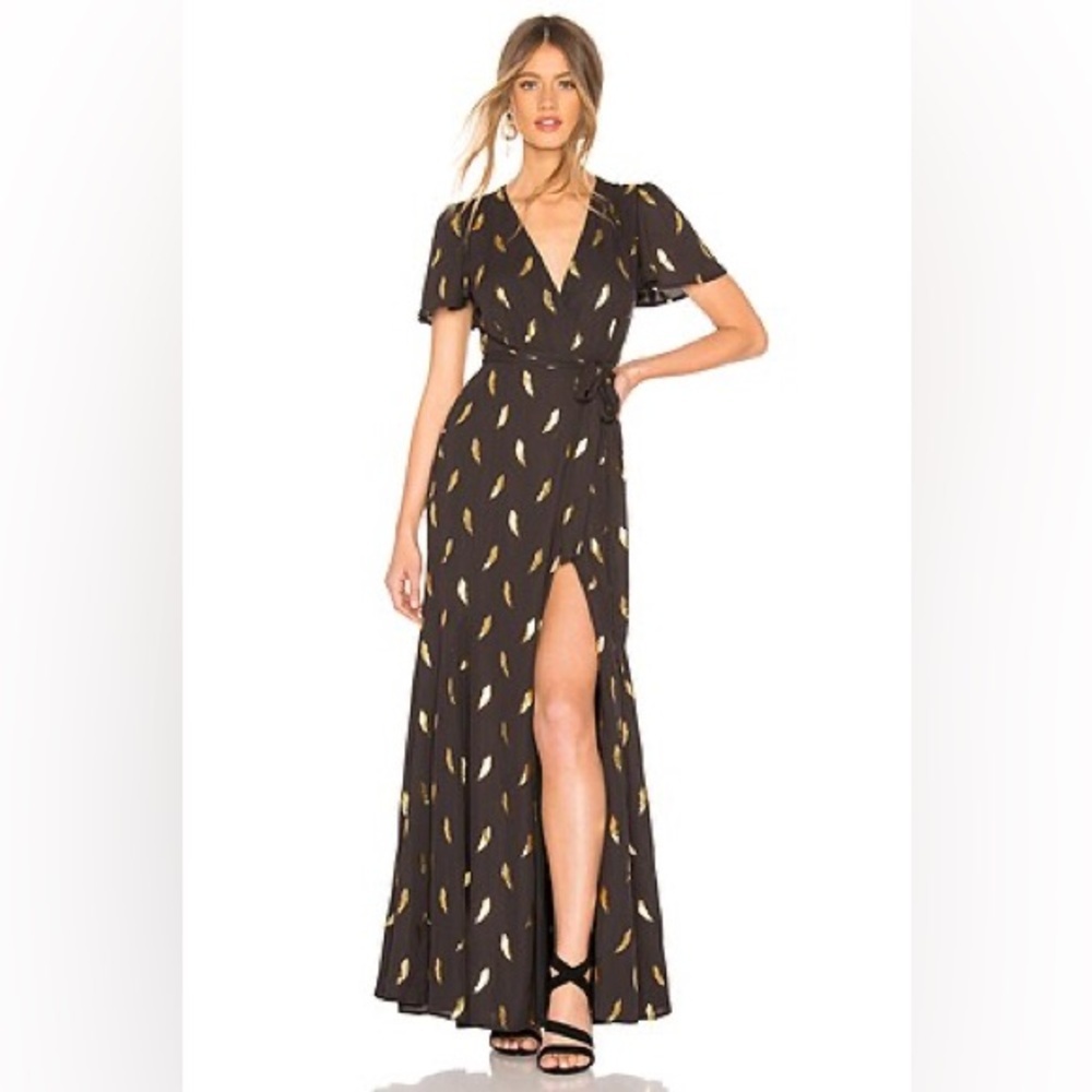 Tularosa Rhiannon Wrap Dress in Black & Gold REVOLVE size M